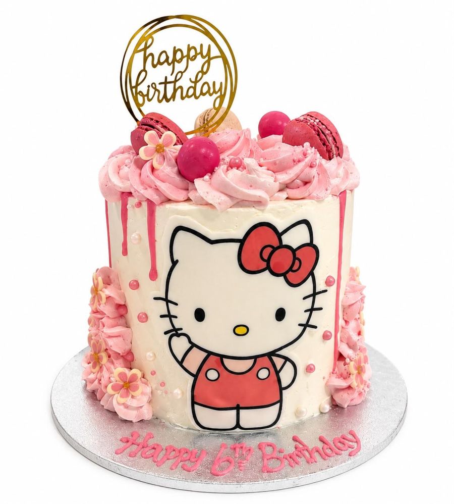 Pink character drip cake for a 6th birthday