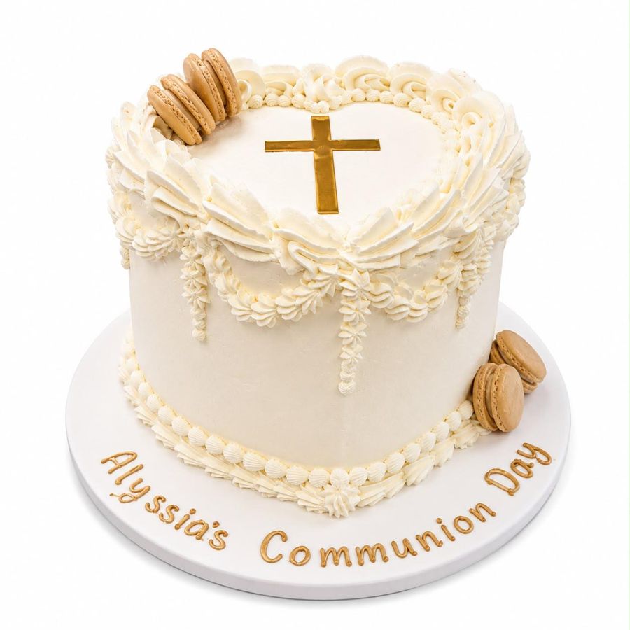 Cream heart-shaped communion cake with gold cross and macarons