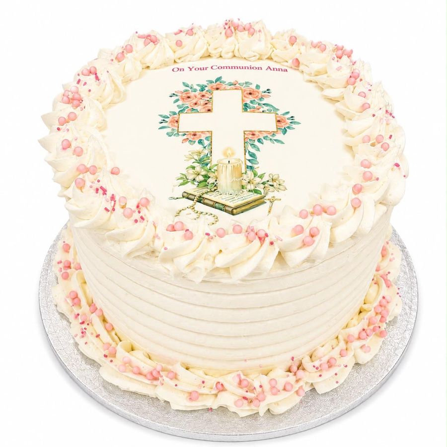 Communion cake with printed edible image and piped border