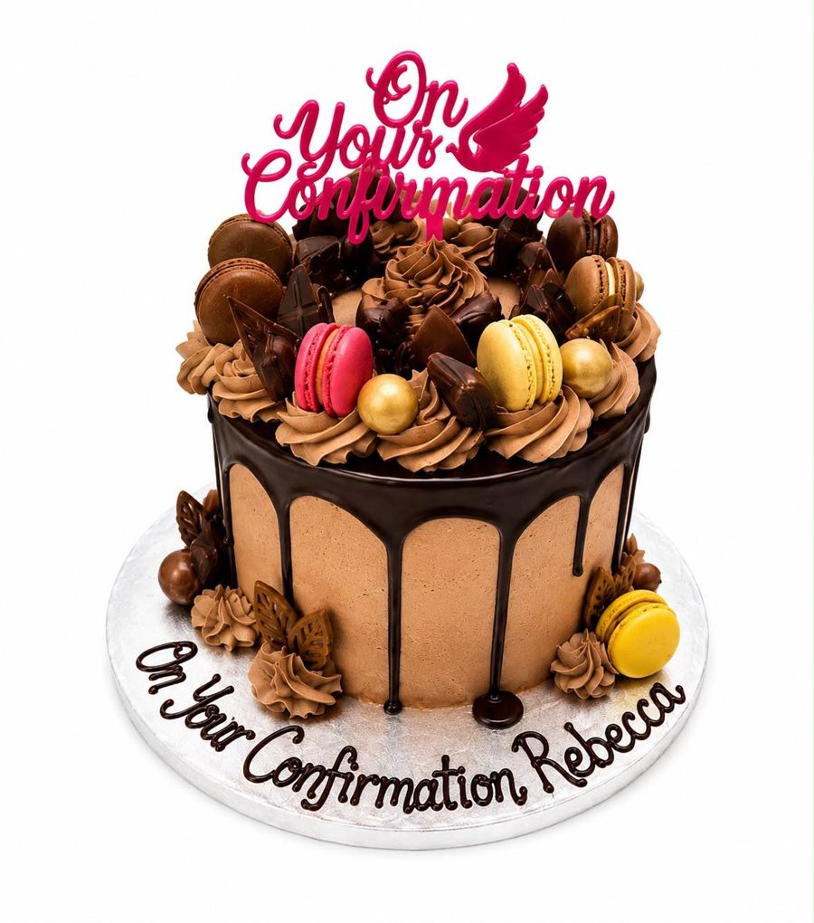 Chocolate drip confirmation cake with macarons and gold detail