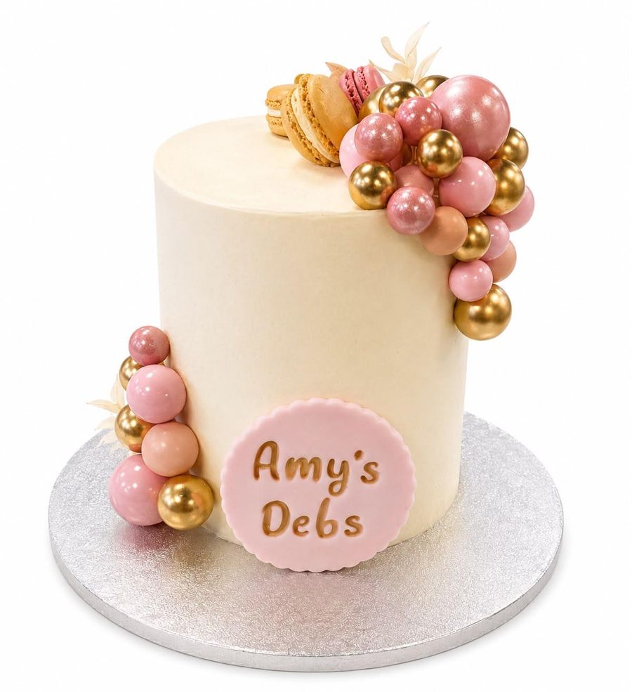 Tall cake with pink and gold chocolate spheres for a debs