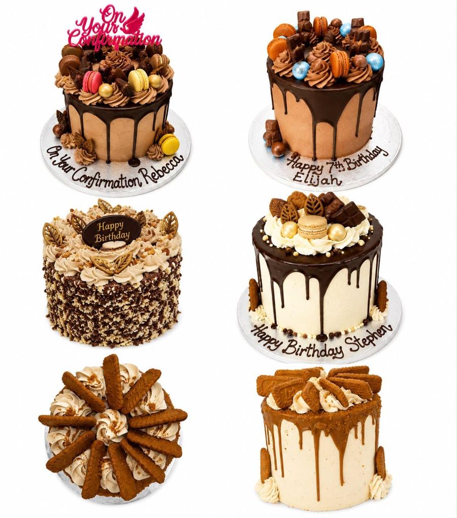 Selection of chocolate, caramel and biscuit drip cakes