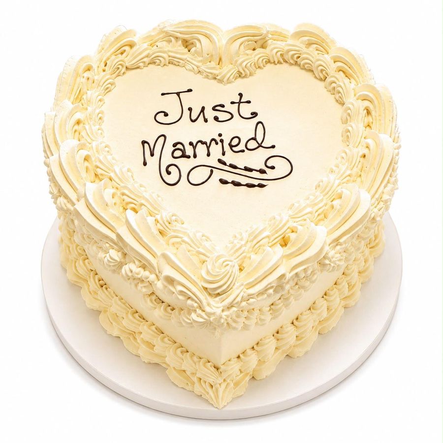 Heart-shaped Just Married cake with vintage piping