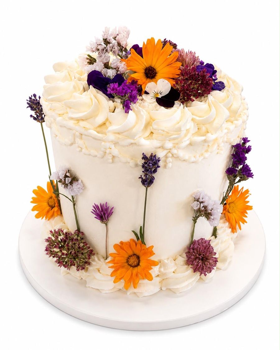 Buttercream cake decorated with fresh wildflowers