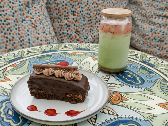 Chocolate cake slice with cherries