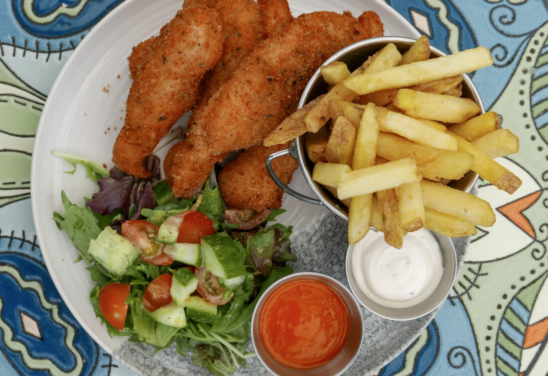 Chicken goujons, salad and chips at Mason's Apron